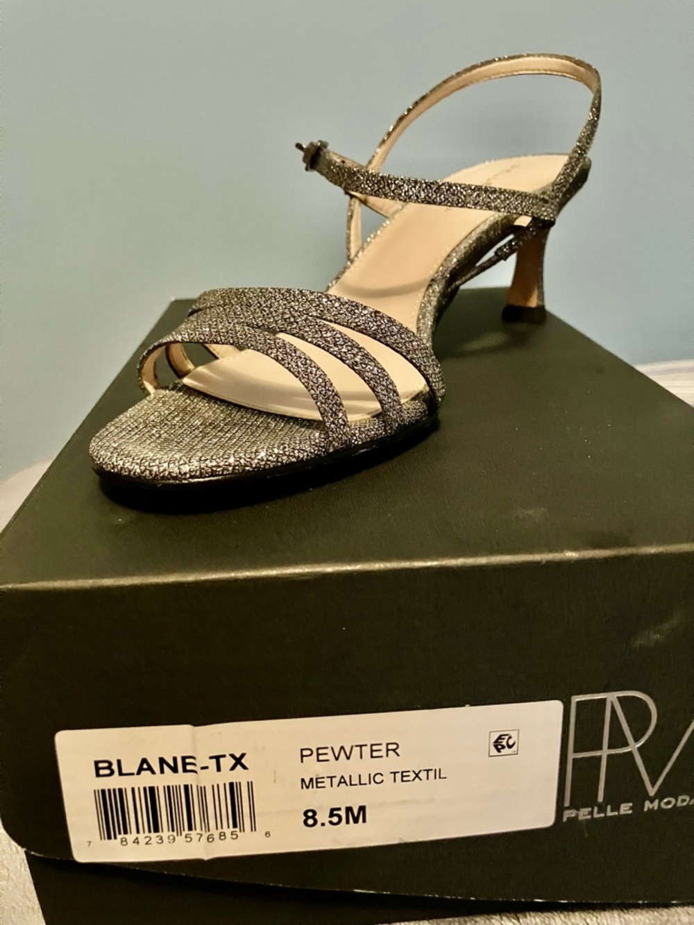 Pelle Moda Pewter Metallic Strappy Slingback Kitten Heel